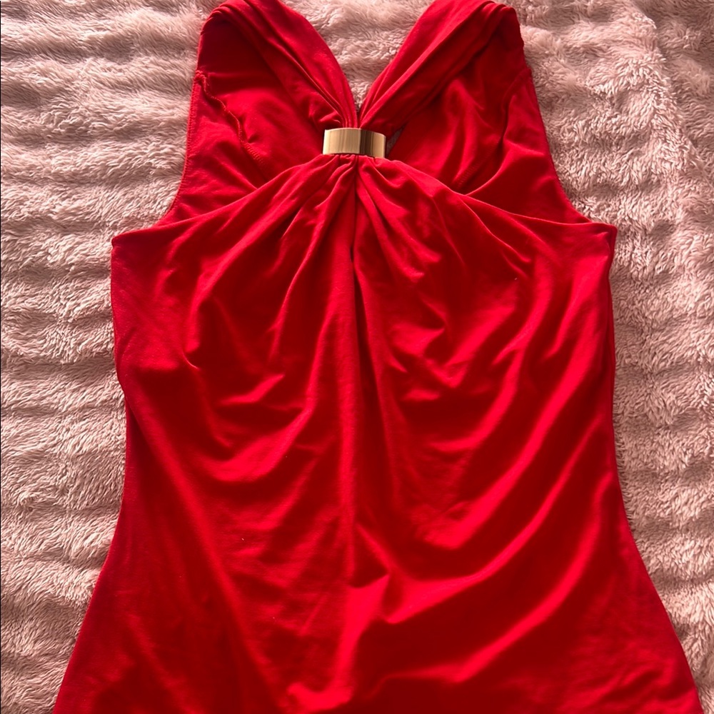 Cache Vibrant Red Tank Top with Gold Detail